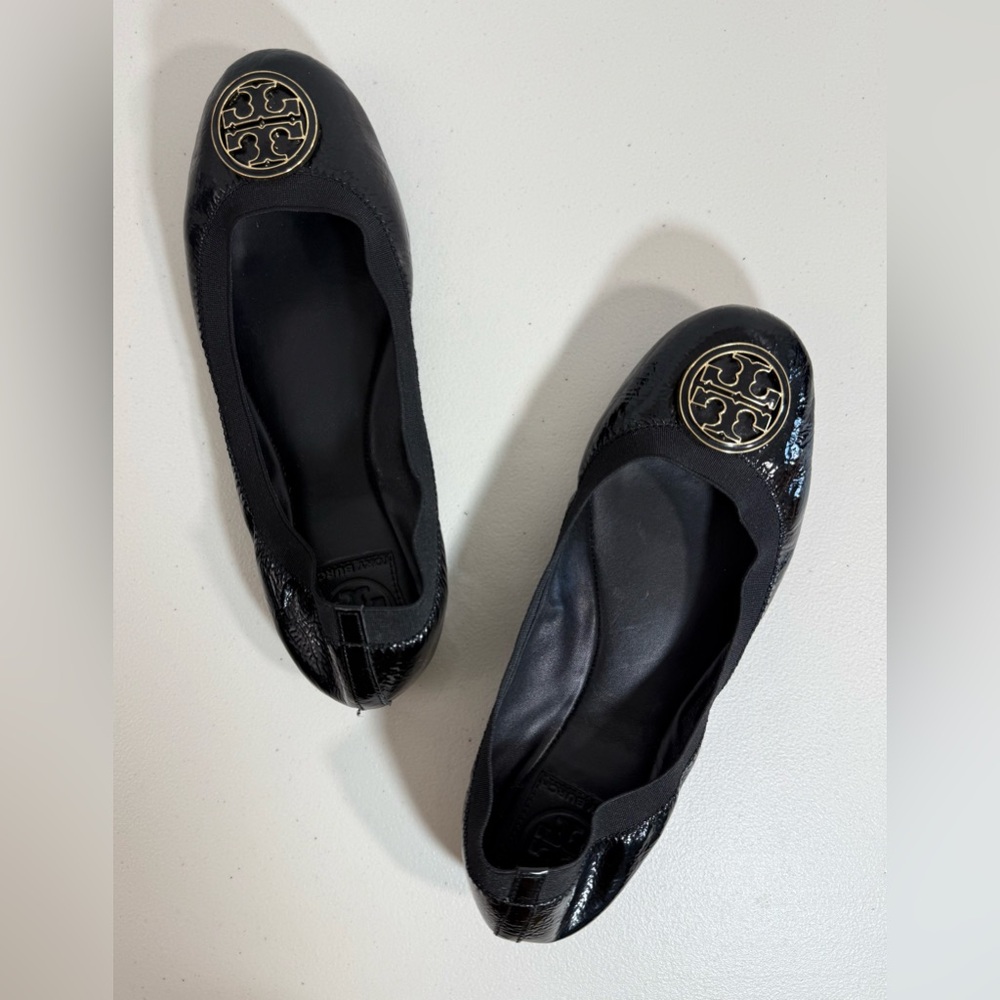 Tory Burch Caroline Ballet Flats Women’s 9 Black Patent Leather Logo Shoes - Picture 9 of 15
